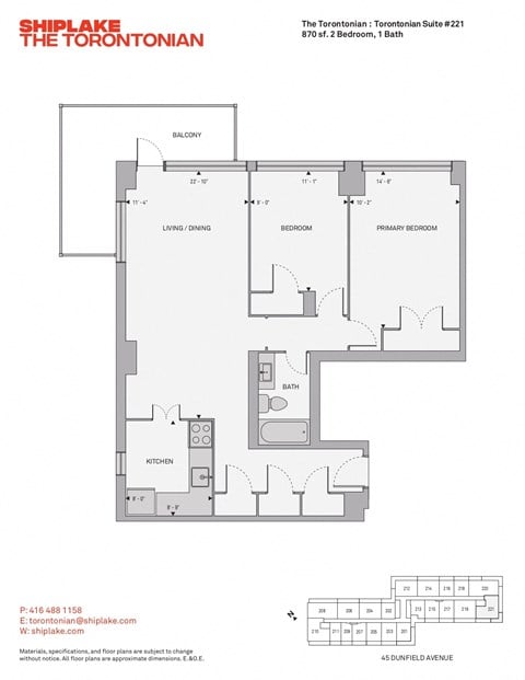 Floor plan for 2 beds, 1 bath, 870 sqft